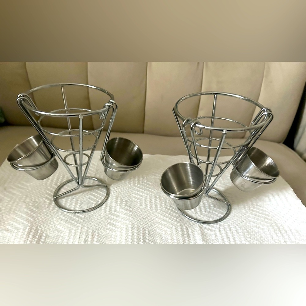 2 x French Fry Cone/Basket Holder With Stand and dipping sauce containers metal